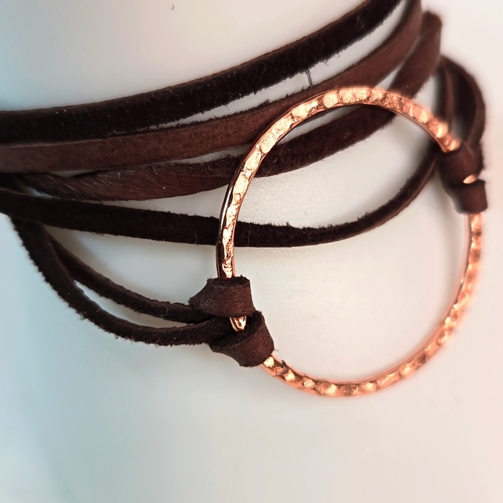 Hammered Copper Circle Double Strand Brown Leather Wrap Bracelet NWOT - Picture 6 of 9